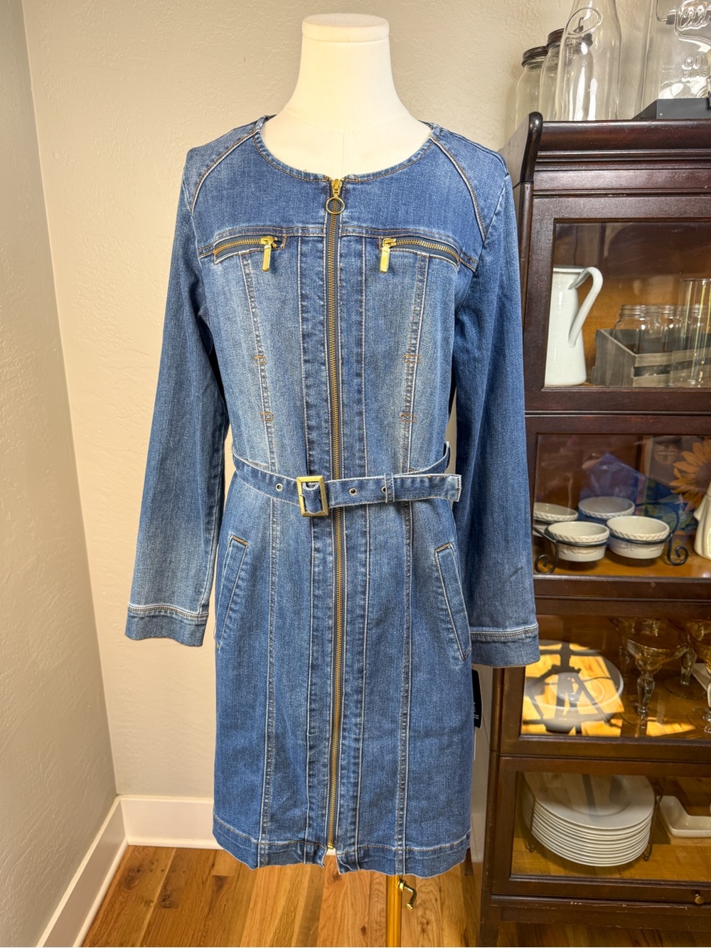 INC International Concepts Stretch Denim Zip Front Belted Dress Size 10 NWT